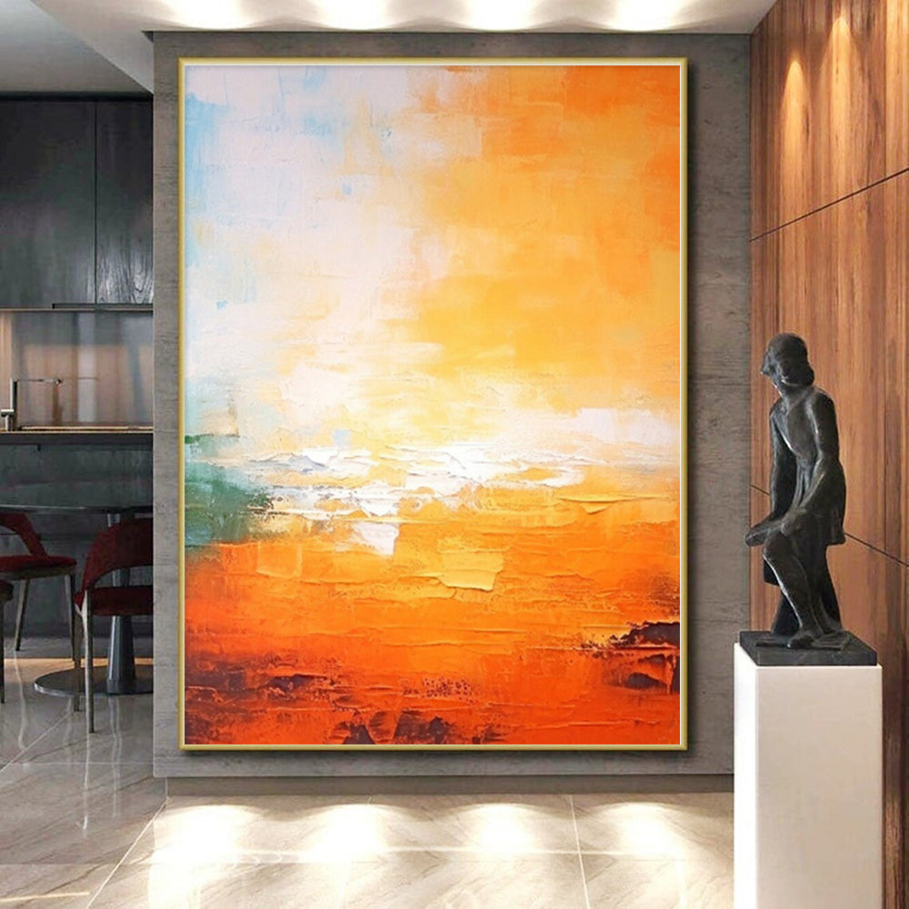 “Orange - Blue Abstract Sunset” - Orange, Blue, Green Abstract Painting On Canvas PS0447