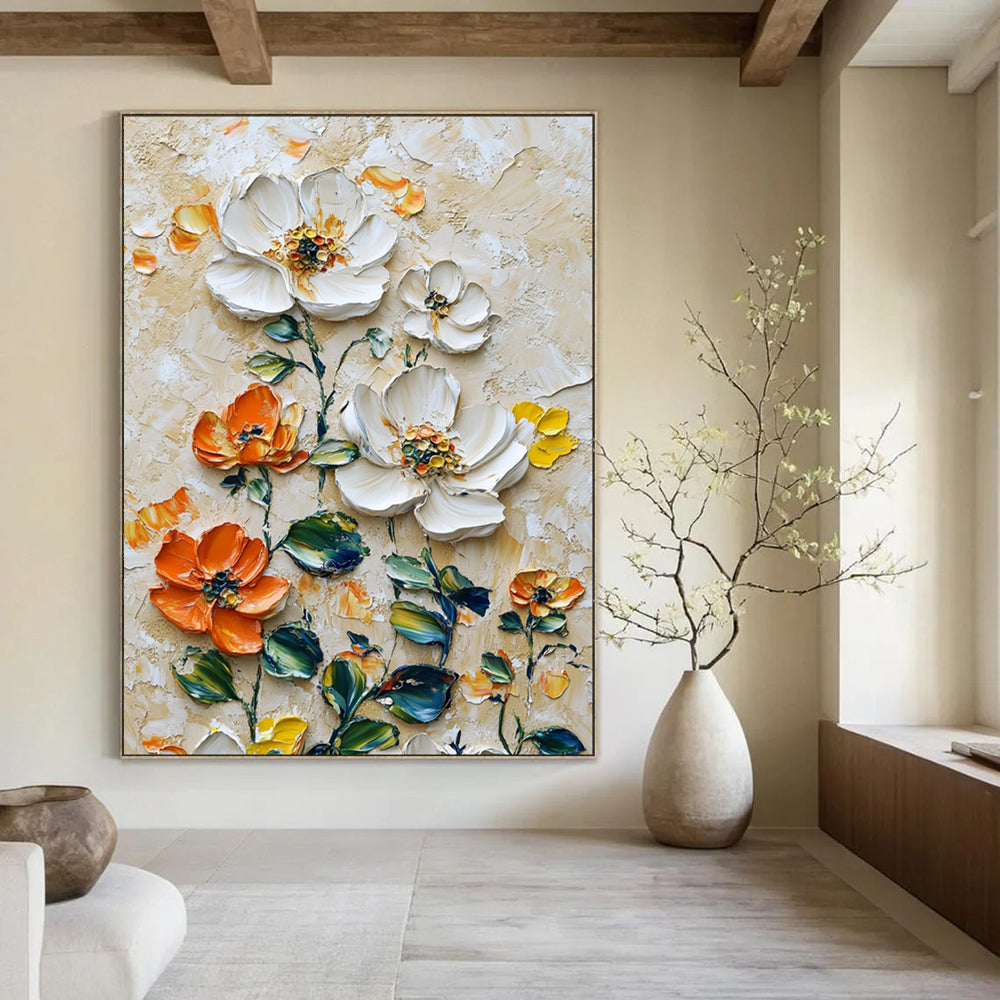“Impasto White - Orange Floral Oil Art” - Oil Painting On Canvas PT2068