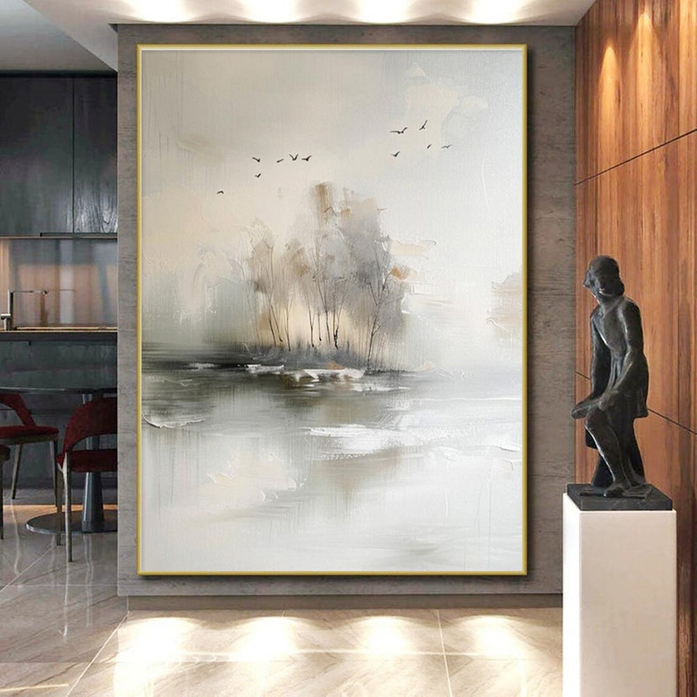 “Misty Landscape Serenity” - Gray, White, Beige Abstract Landscape Painting On Canvas PS0626