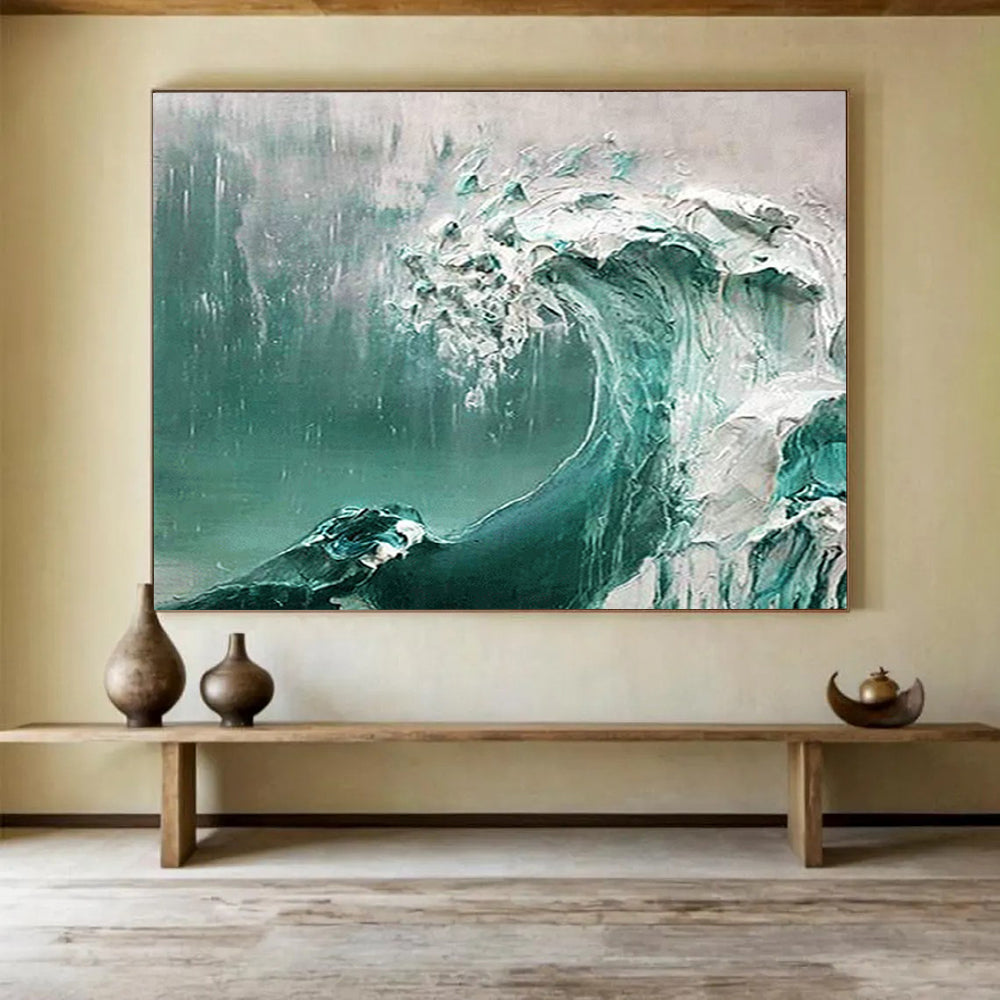 “Teal Wave Crash” - Impasto Seaside Painting On Canvas PT232