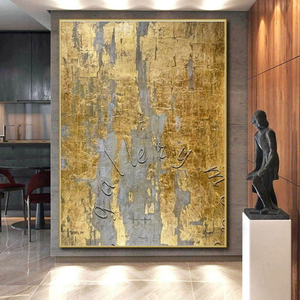 Gold and Gray Textured, "Gilded Memories" – Mixed - Media Abstract On Canvas PS0888