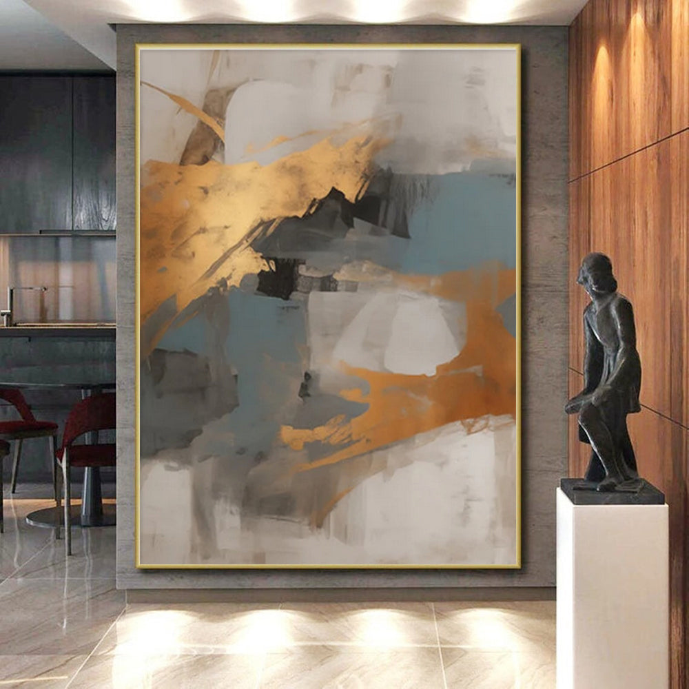 Gray, Gold & Blue Abstract Blocks "Skyward Harmony" Painting On Canvas PS0848