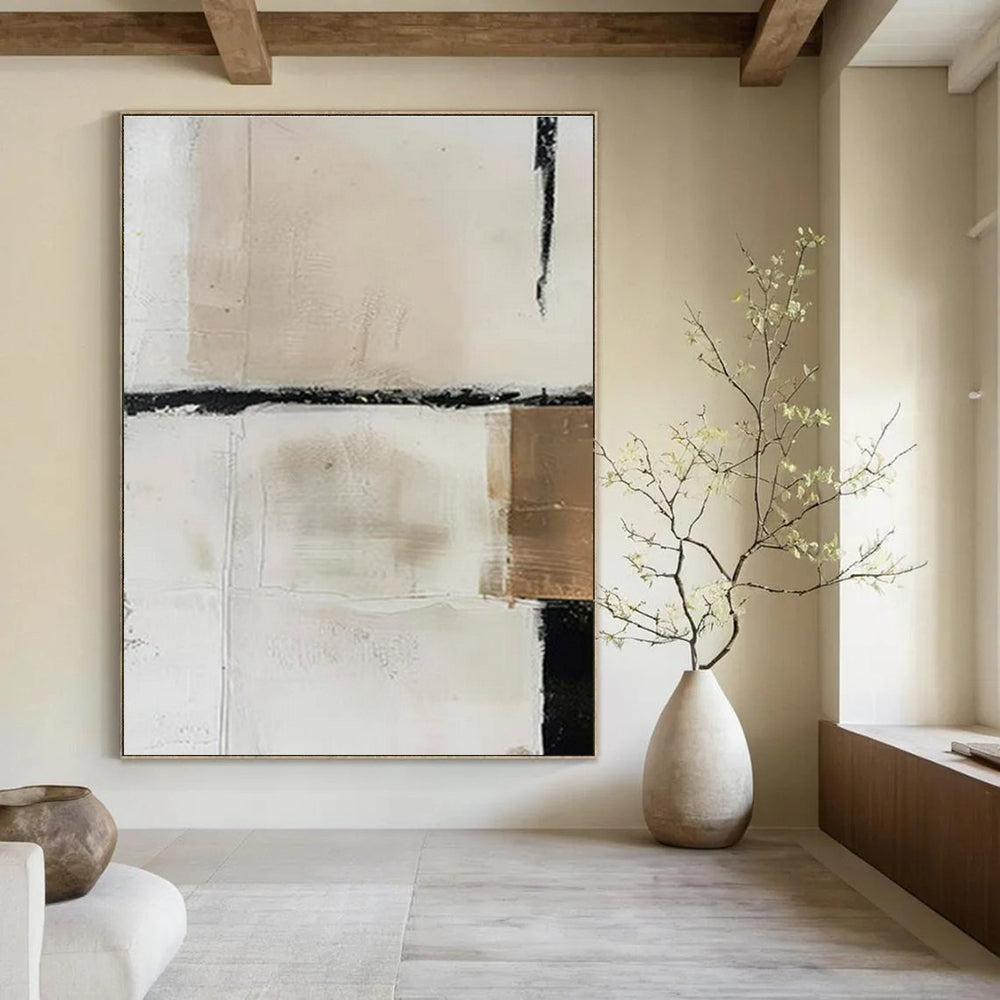 White, Beige, Black, Gold with Textured Blocks "Subtle Contrast" Abstract Painting On Canvas PS1475