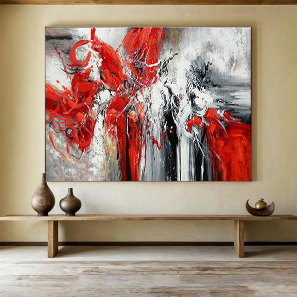 “Red - White Abstract Energy Burst” - Expressive Oil Painting on Canvas PT1485