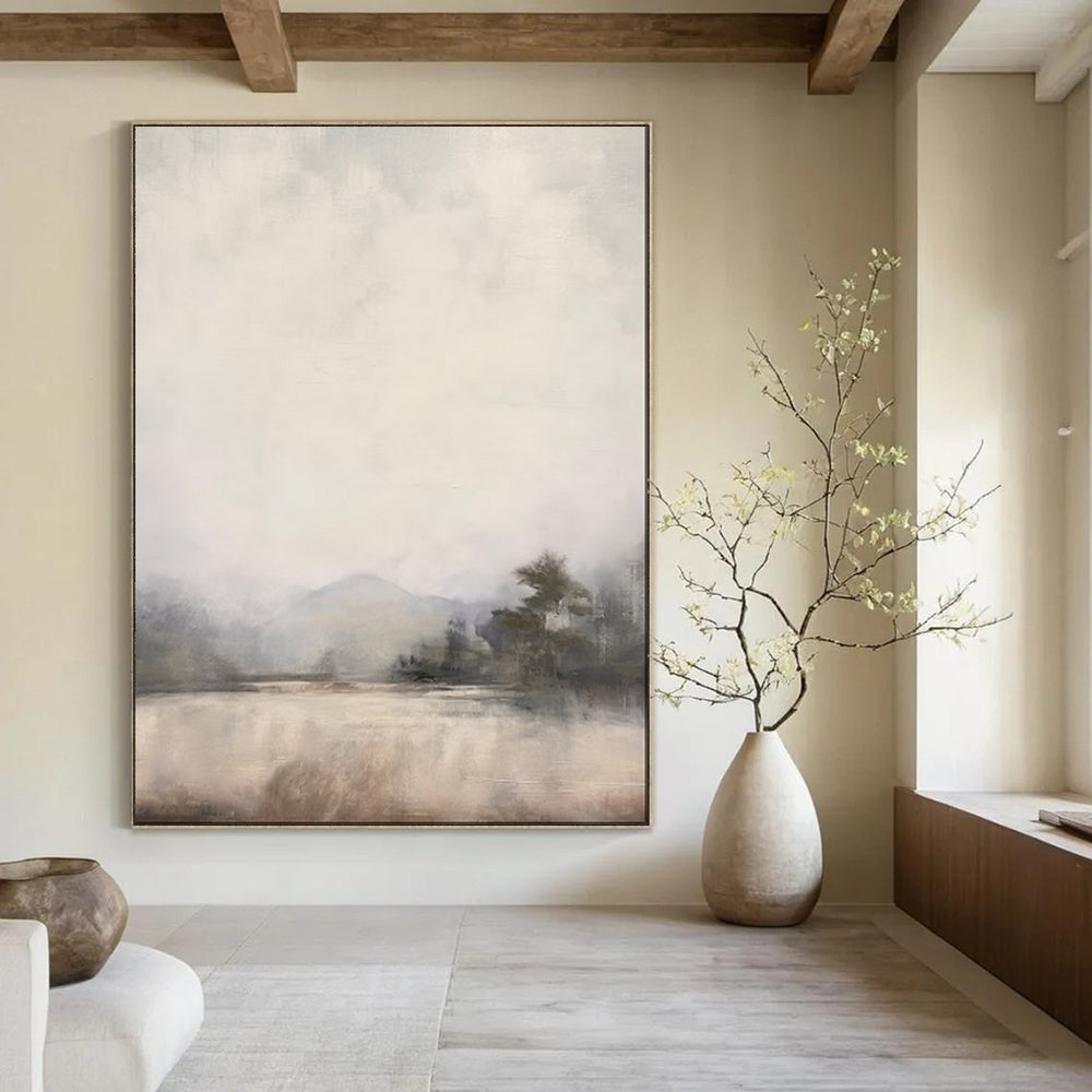 “Misty Mountain Lake in Neutral Tones” - Landscape Painting On Canvas PT2056