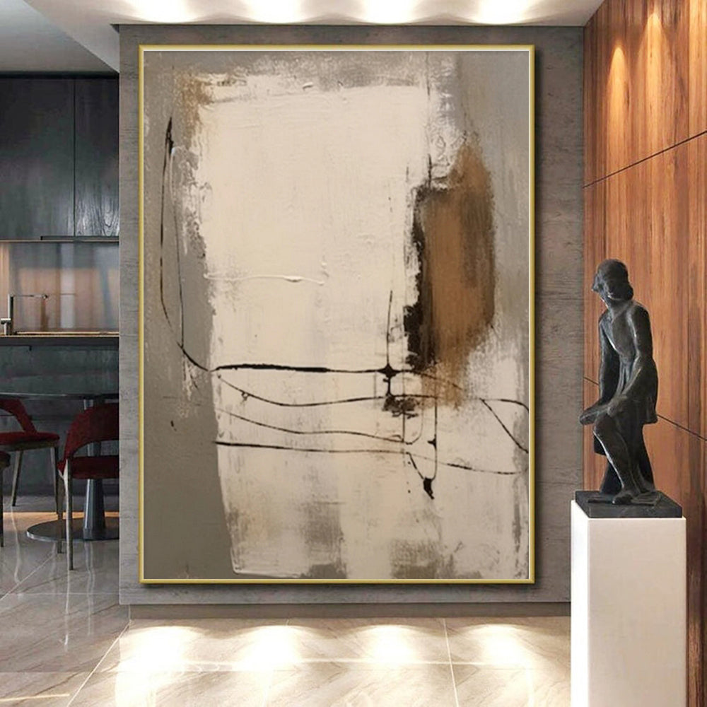 “Gray - Beige - Black Linear Abstraction” - Gray, Beige, Black Abstract Painting On Canvas PS0539