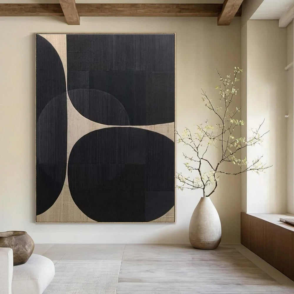 Black, Beige with Overlapping Circles "Geometric Harmony" Abstract Painting On Canvas PS1474