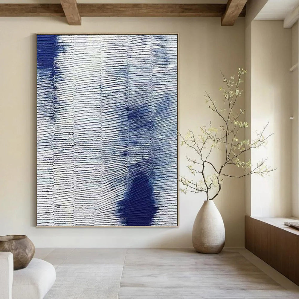 Blue and White with Striped Textures "Ocean Stripes" Abstract Painting On Canvas PS1359