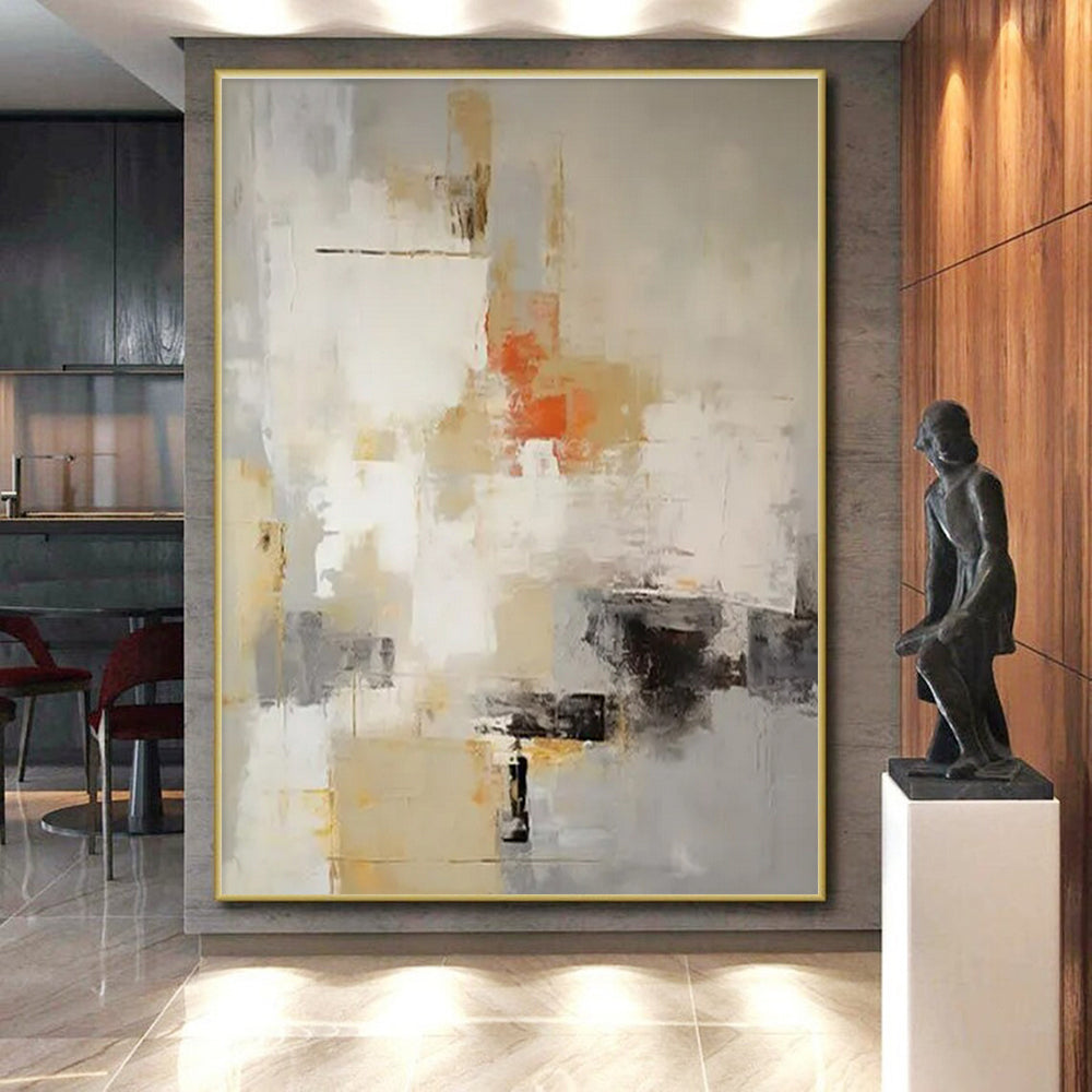 Beige, Gray, Orange & Black Abstract "Sunset Haze" Painting On Canvas PS0870