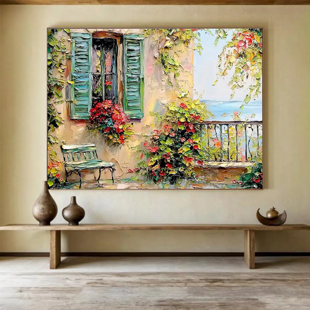 “Mediterranean Window Charm” - Green, Yellow & Red Architectural, Textured Landscape Oil Painting On Canvas DKS692