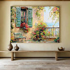 “Mediterranean Window Charm” - Green, Yellow & Red Architectural, Textured Landscape Oil Painting On Canvas DKS692
