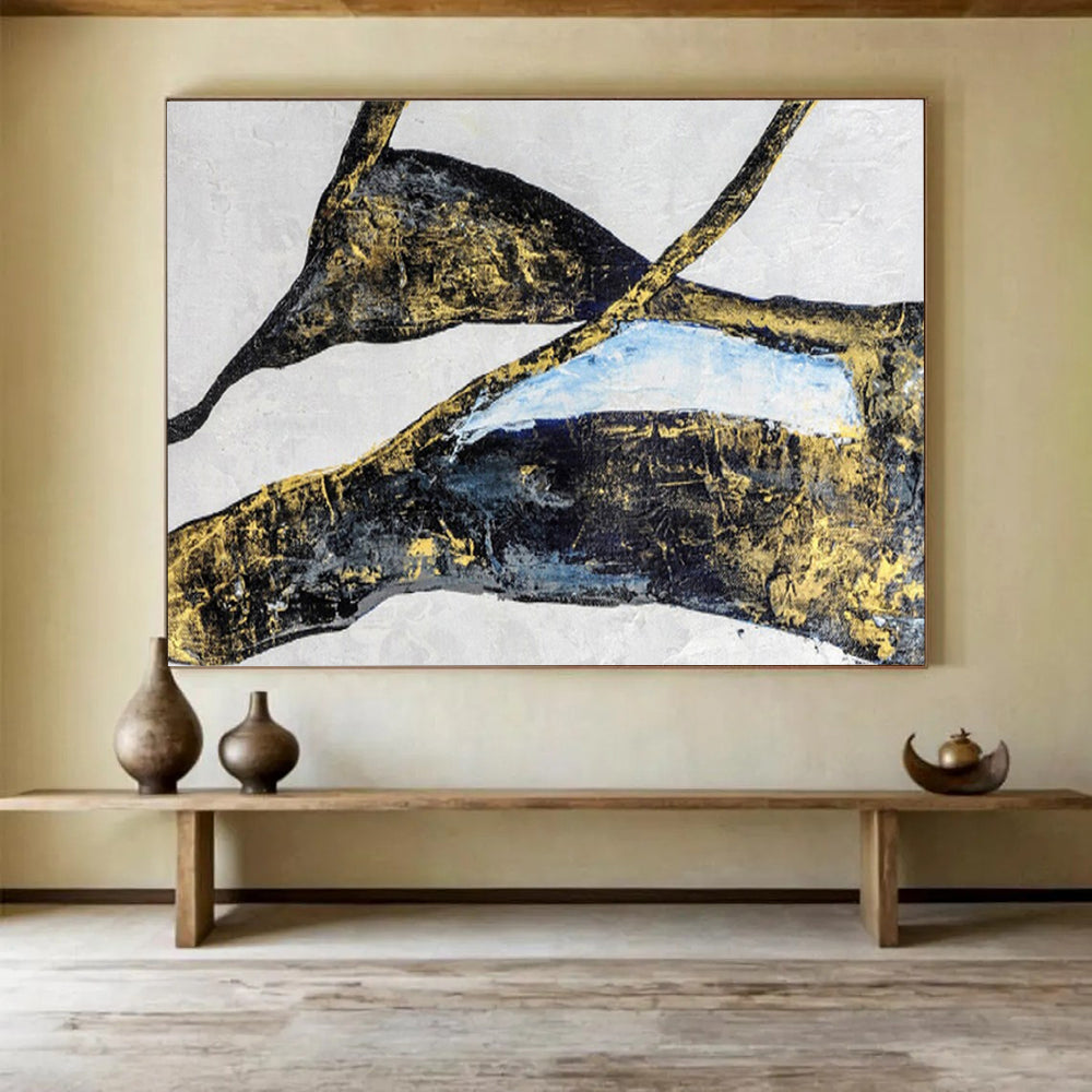 Black, Gold & Blue Abstract Shapes Painting On Canvas DKS011