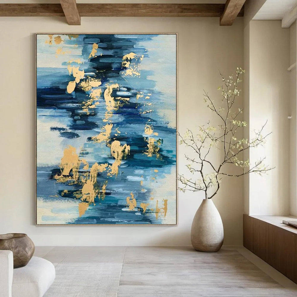 “Blue and Gold Strokes: Abstract Water - Inspired Painting” - Energetic Abstract Painting On Canvas PT0931