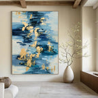 “Blue and Gold Strokes: Abstract Water - Inspired Painting” - Energetic Abstract Painting On Canvas PT0931
