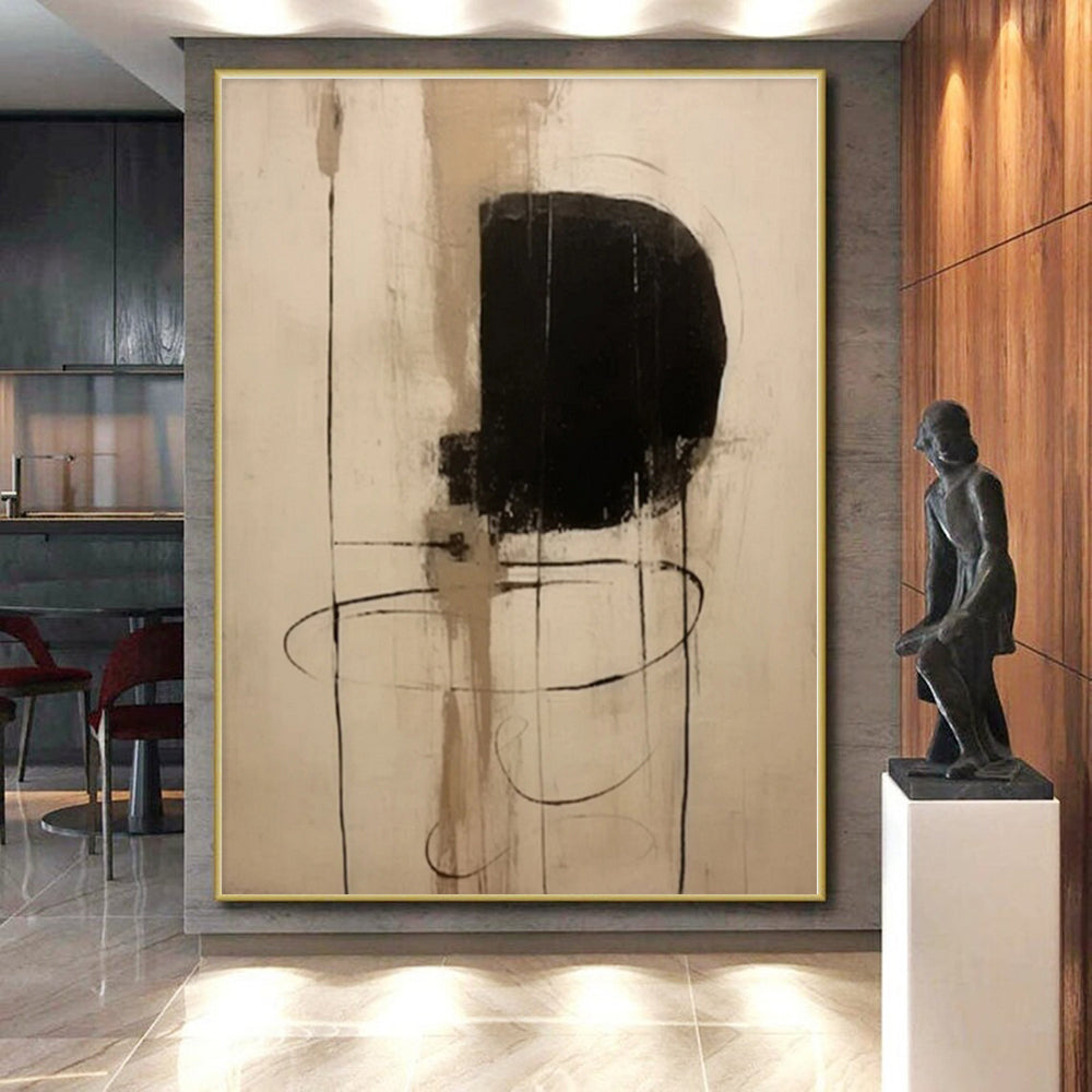 “Black - Beige Linear Abstraction” - Black, Beige Abstract Painting On Canvas PS0526