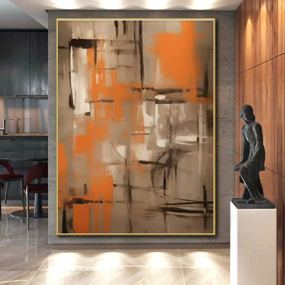 Orange & Grey Abstract Grid Painting On Canvas PS0816