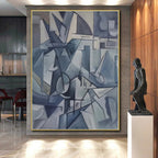 “Blue Cubist Chaos” - Blue, Gray Cubist Abstract Painting On Canvas PS0393