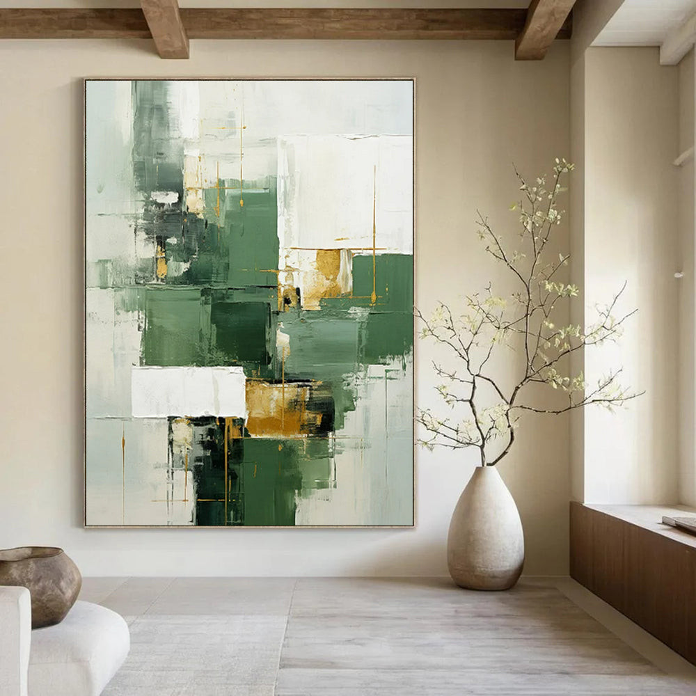 “Green, White, and Gold Abstract” - Cubist Geometric Painting On Canvas PT2290