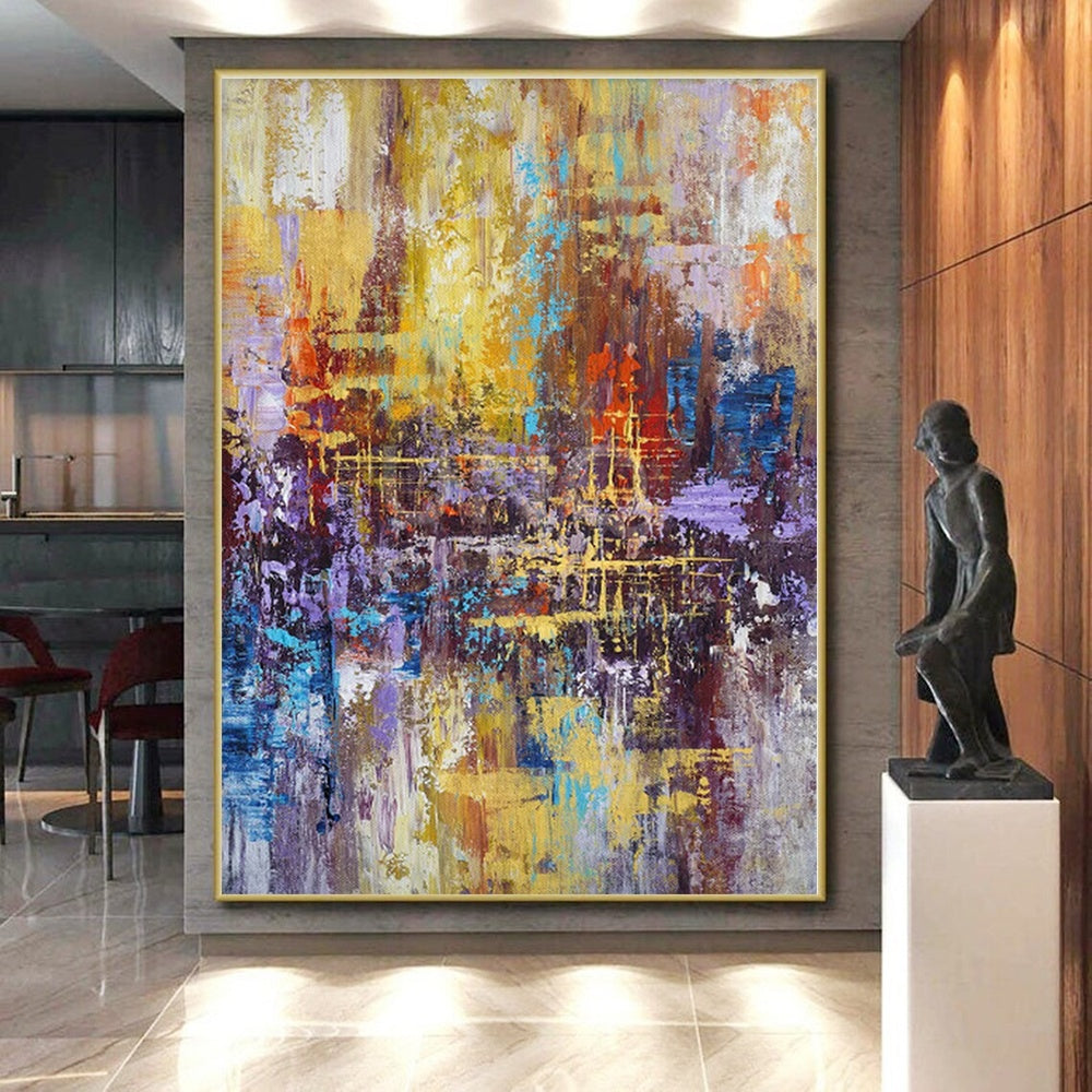 “Vibrant Urban Abstraction” - Yellow, Blue, Purple Abstract Cityscape Painting On Canvas PS0545