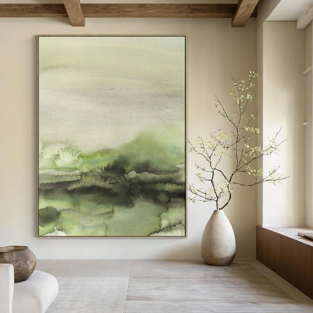 “Green - Gray Watercolor Abstract” - Watercolor Landscape Painting On Canvas PT1965