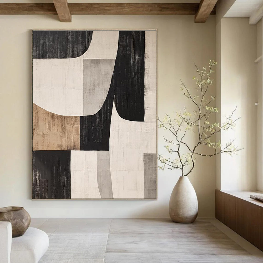 Black, White, Gray, Brown with Curved Geometric Shapes "Organic Geometry" Abstract Painting On Canvas PS1371