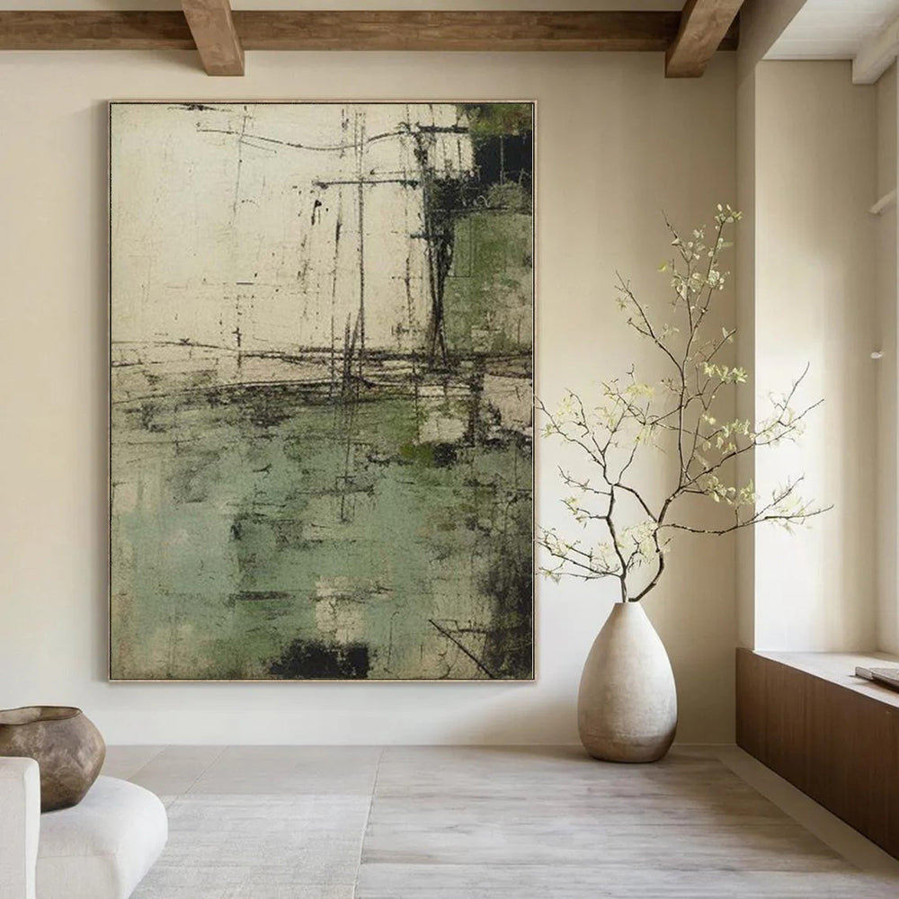 “Green - Gray Textured Abstract” - Rustic Abstract Painting On Canvas PS0166
