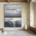 “Grey - Blue Moonlit Sea” - Impressionist Seascape Painting On Canvas PT1293