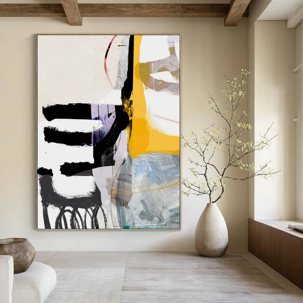 “Yellow - Purple - Black Abstract Collage” - Mixed - Media Abstract Painting On Canvas PT2313