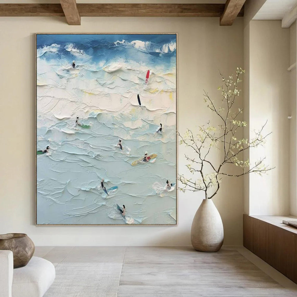 Impasto Beach Scene with Surfers "Sun, Surf, and Joy" Palette Knife Painting On Canvas PS1070