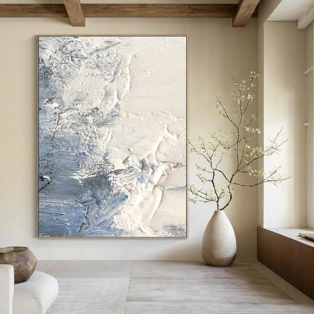 “White - Blue Textured Abstract” - Textured Abstract Painting On Canvas PT1265