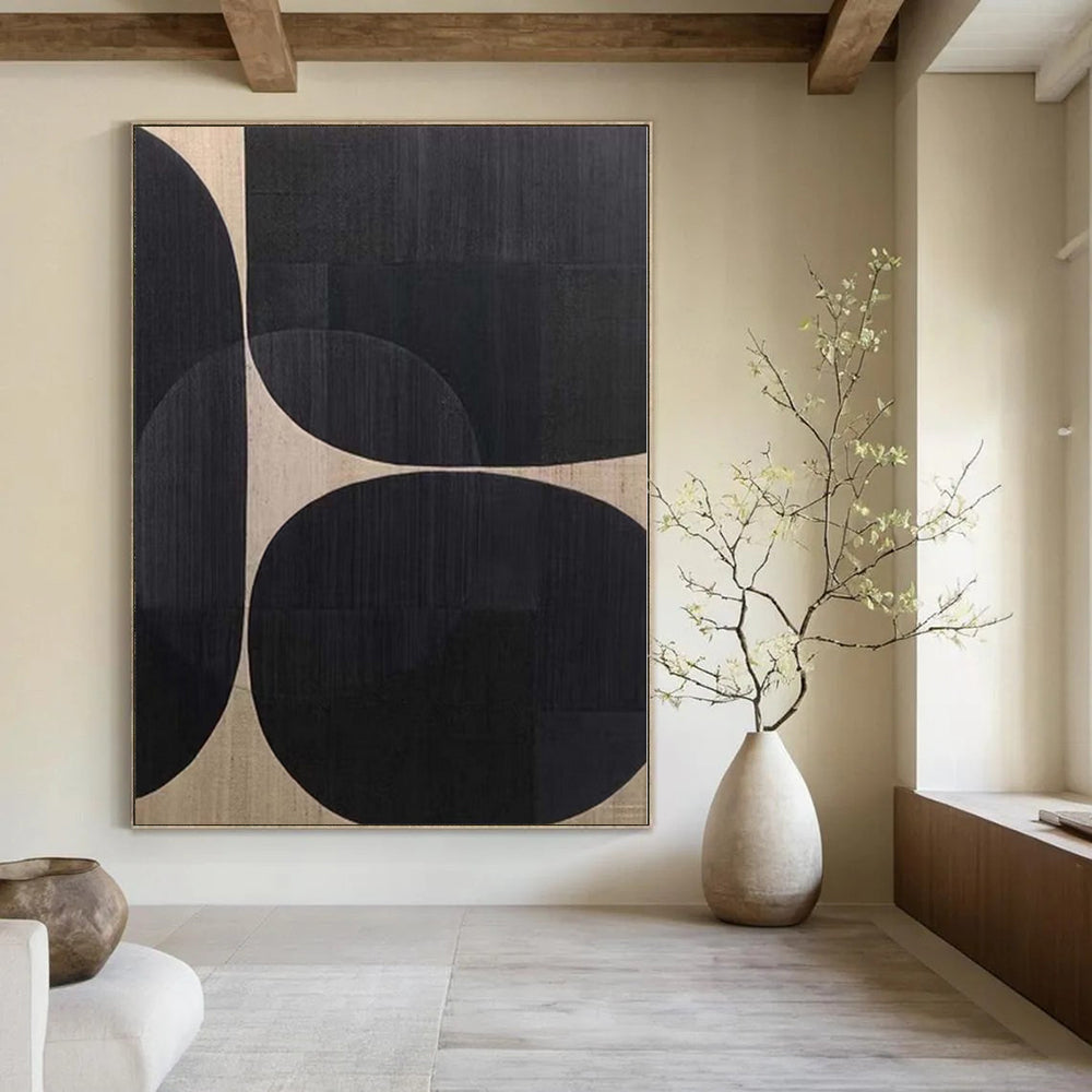 “Black - Beige Circular Geometric” - Contemporary Abstract Painting On Canvas PS0137