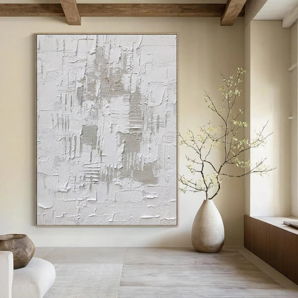 “White Textured Minimalism” - Monochromatic, Textured Abstract Painting On Canvas PT1063