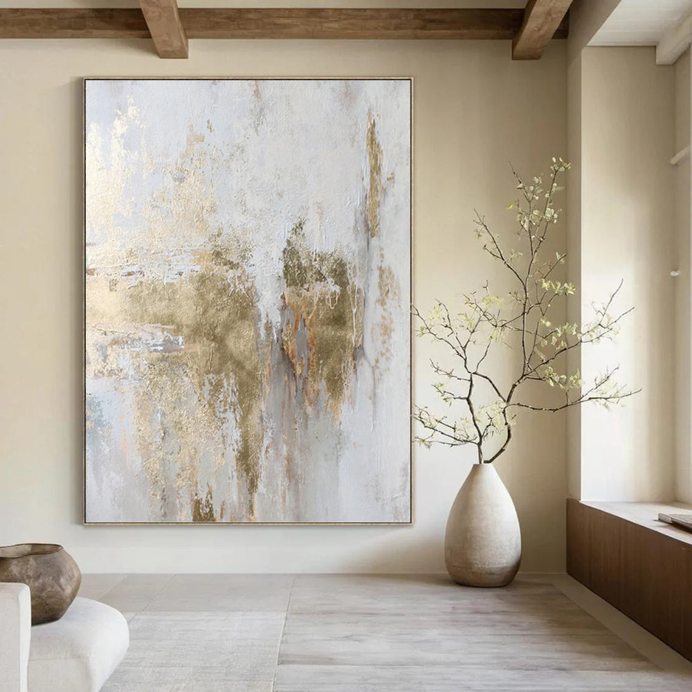 “Gold and White Textured Abstract” - Metallic Accent Painting on Canvas PT1006