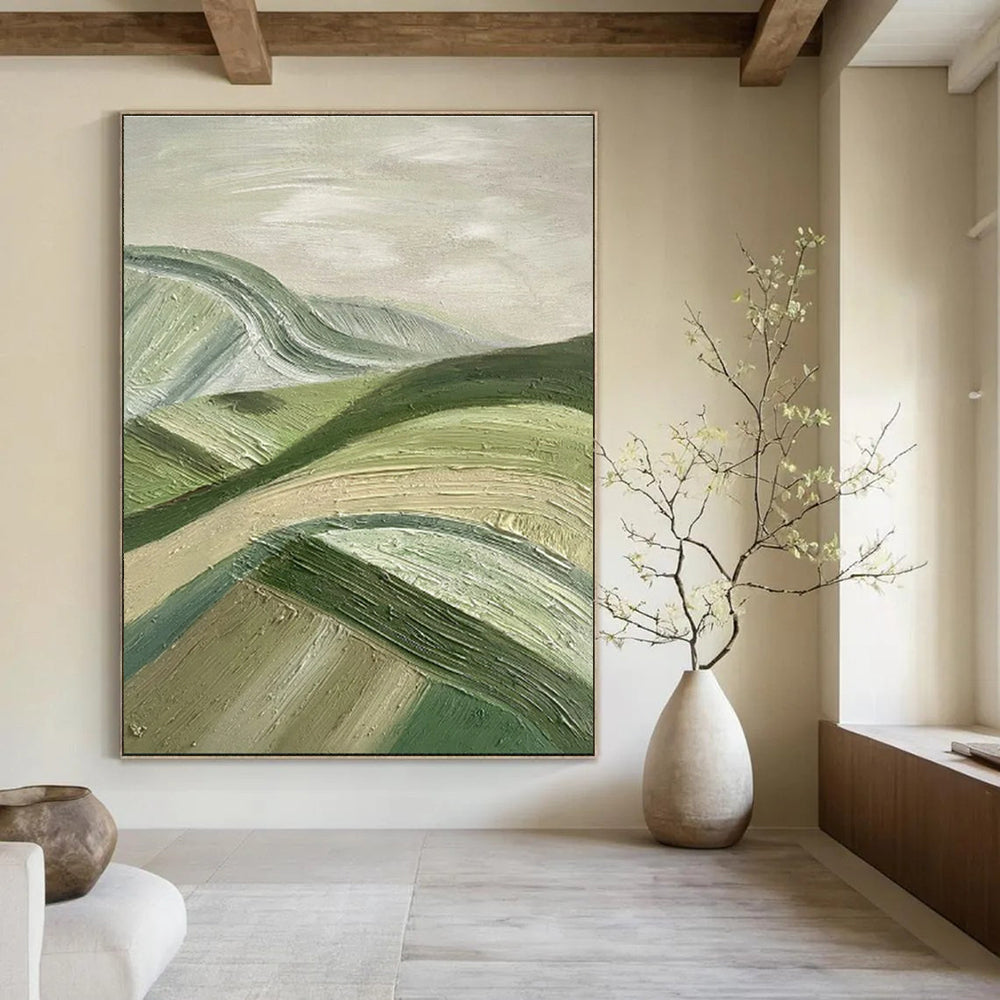 Green, Beige with Textured Hills "Rolling Serenity" Abstract Painting On Canvas PS1455