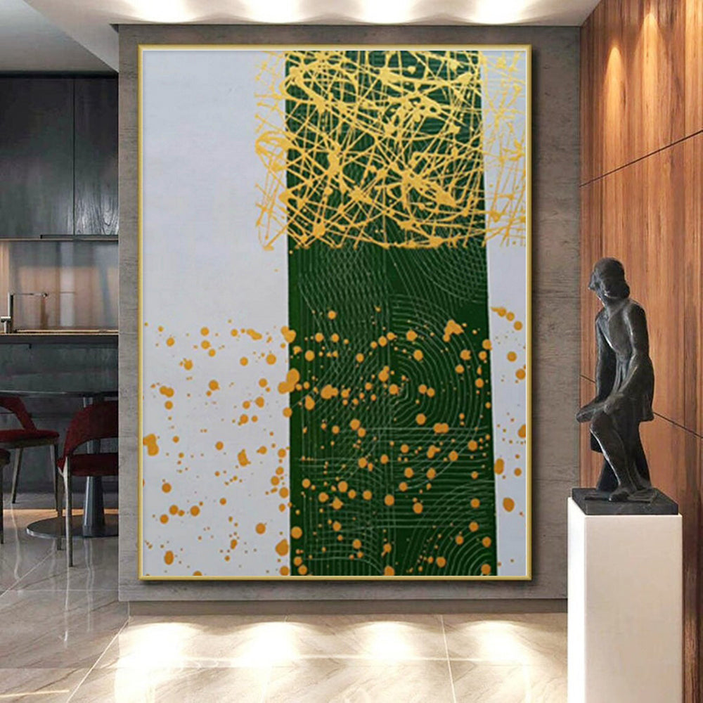 “Green - Yellow Splatter Geometry” - Green, Yellow Abstract Painting On Canvas PS0476