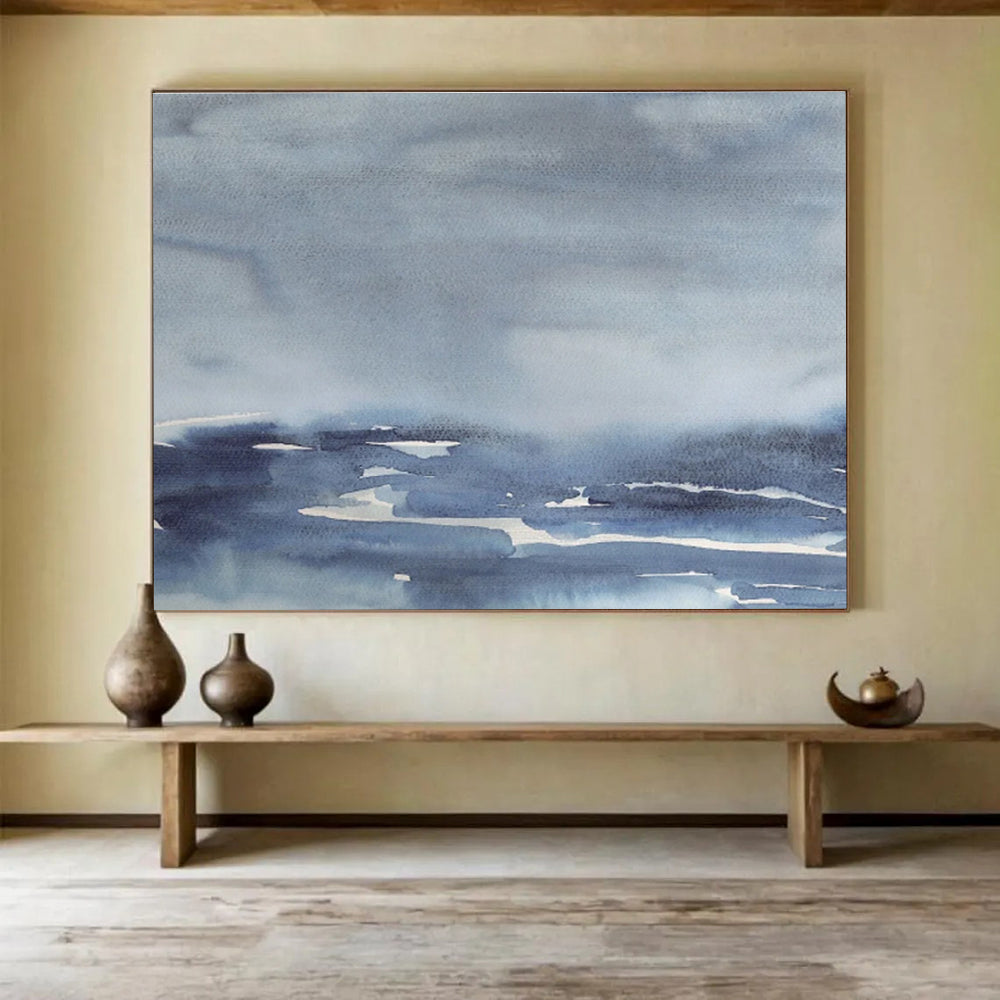 “Muted Blue Watercolor Seascape” Watercolor Painting On Canvas DKS168
