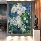 White Roses with Green, "Blurred Blooms" – Impressionistic Floral On Canvas PS0892