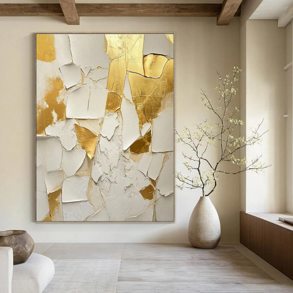 White, Gold with Crackled Textures "Gilded Fragment" Abstract Painting On Canvas PS1381