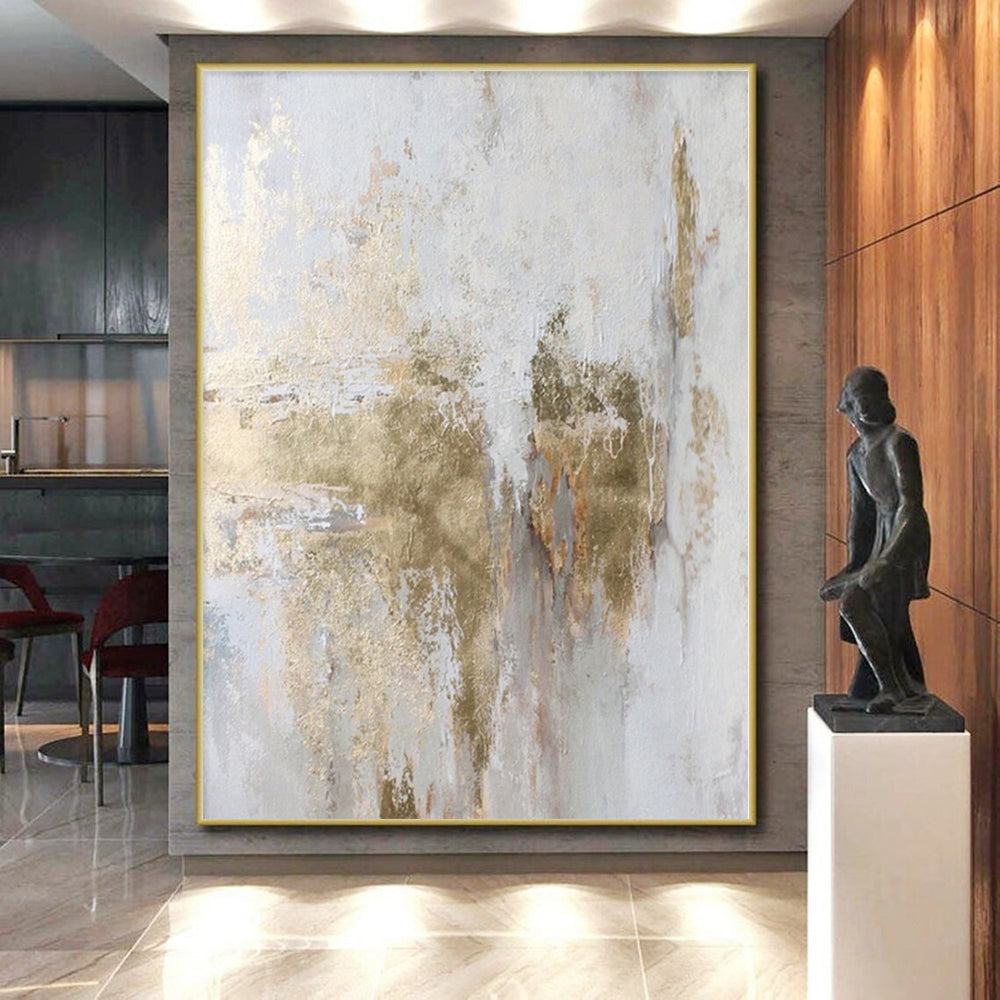 “Soft Gold - Splashed Abstract on Light Background” - Contemporary Abstract Painting On Canvas PS0256