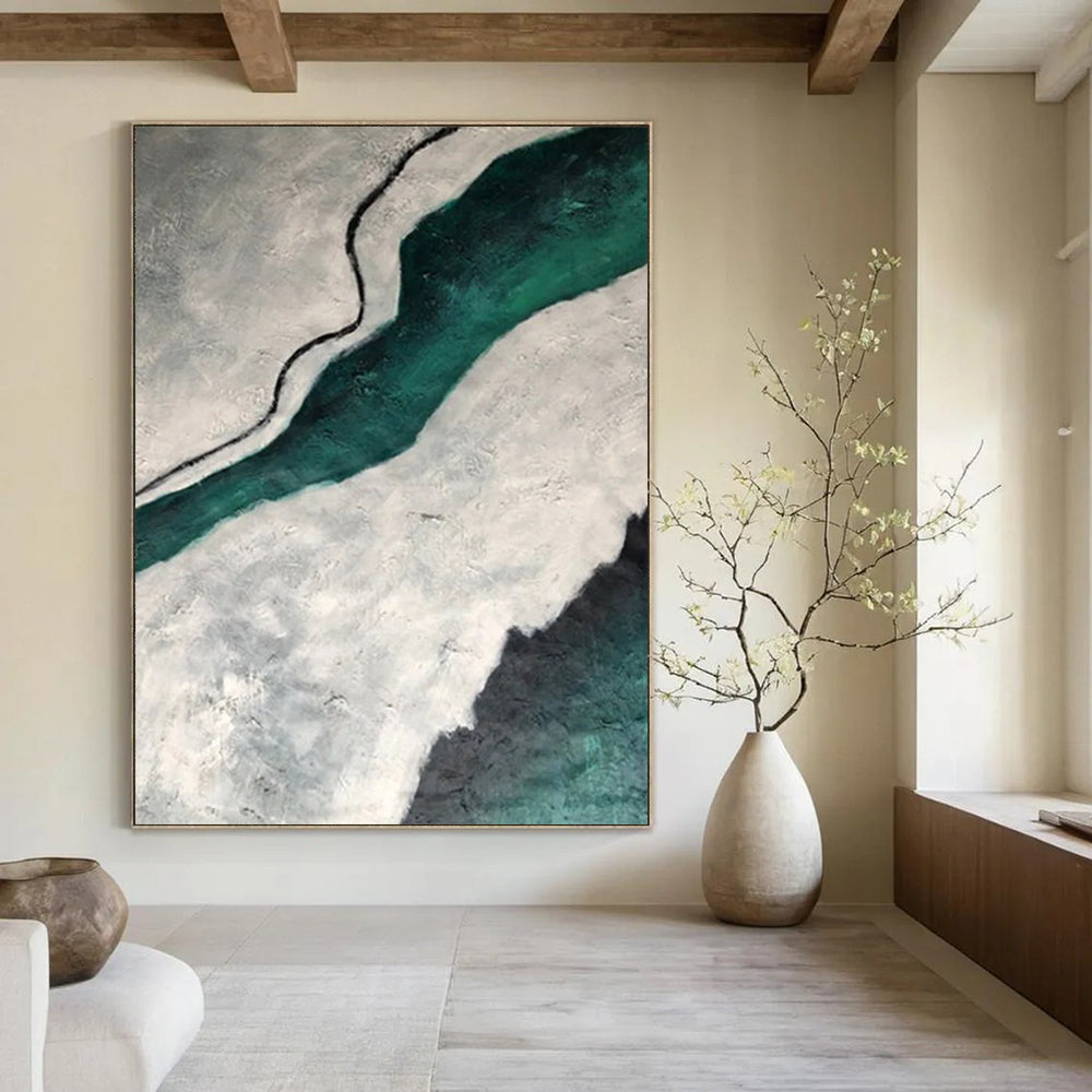 “Teal River Through Grey Lands: Textured Abstract Painting” - Landscape - Inspired Abstract Painting On Canvas DS403