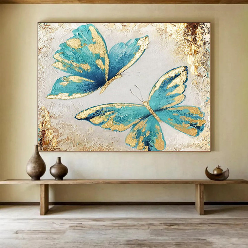 “Blue - Gold Butterfly Duet” - Blue, Gold & White Floral, Decorative Oil Painting On Canvas DKS734