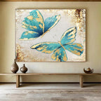 “Blue - Gold Butterfly Duet” - Blue, Gold & White Floral, Decorative Oil Painting On Canvas DKS734
