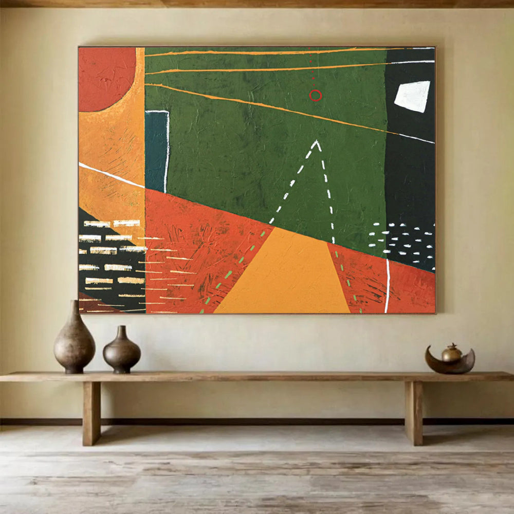 “Geometric Abstraction in Green, Orange, Red” Geometric Abstract Painting On Canvas PT1808