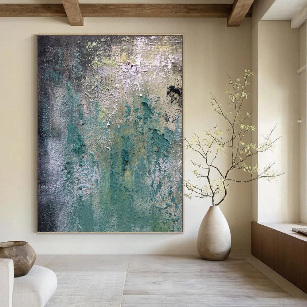 Green, Blue, Gray, Yellow with Textured Layers "Weathered Dream" Abstract Painting On Canvas PS1472