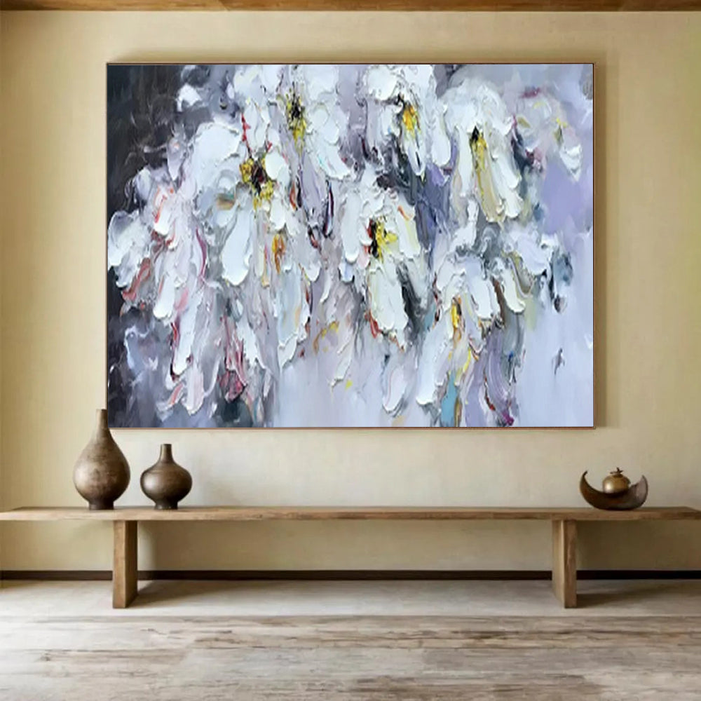 “White Flowers with Colorful Accents” - Impasto Floral - Painting On Canvas PT1763