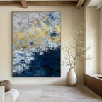 “Blue, White, and Gold Ocean Wave” - Abstract, Metallic - Accented Painting On Canvas PT1549