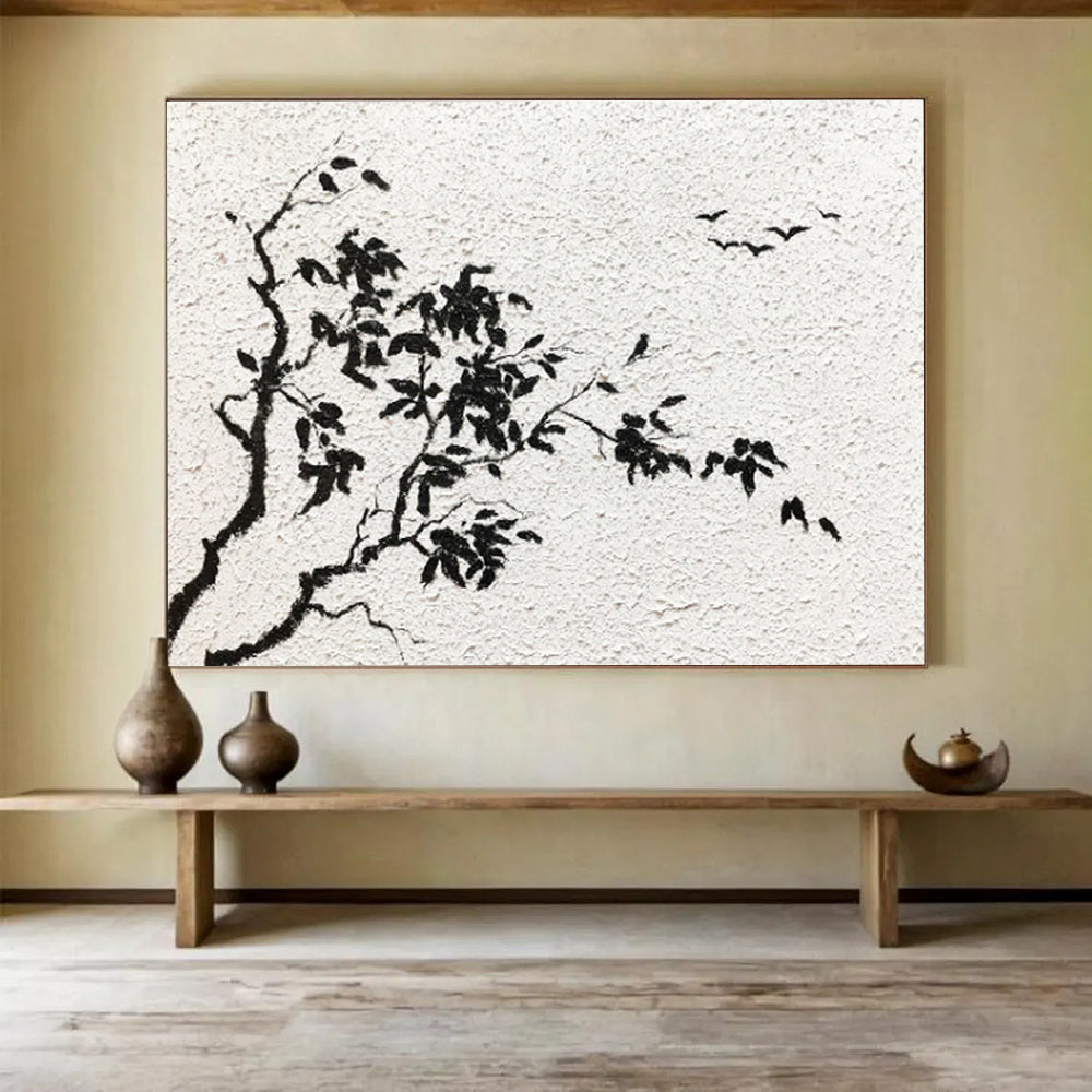 “Ink - Wash Tree and Birds” - Minimalist Chinese - style Painting On Canvas DKS451
