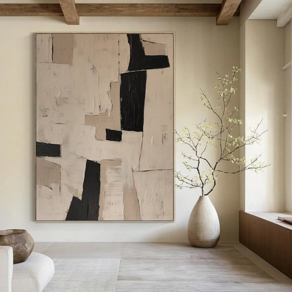 Beige and Black Collage, "Neutral Collage" – Mixed - Media Abstract On Canvas PS0952