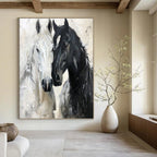 “Black - White Horses Impasto” - Impressionist - Inspired Animal Painting On Canvas PT1401