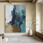 “Blue - Grey Abstract with Golden Lines” - Modern Abstract Painting On Canvas PT1016